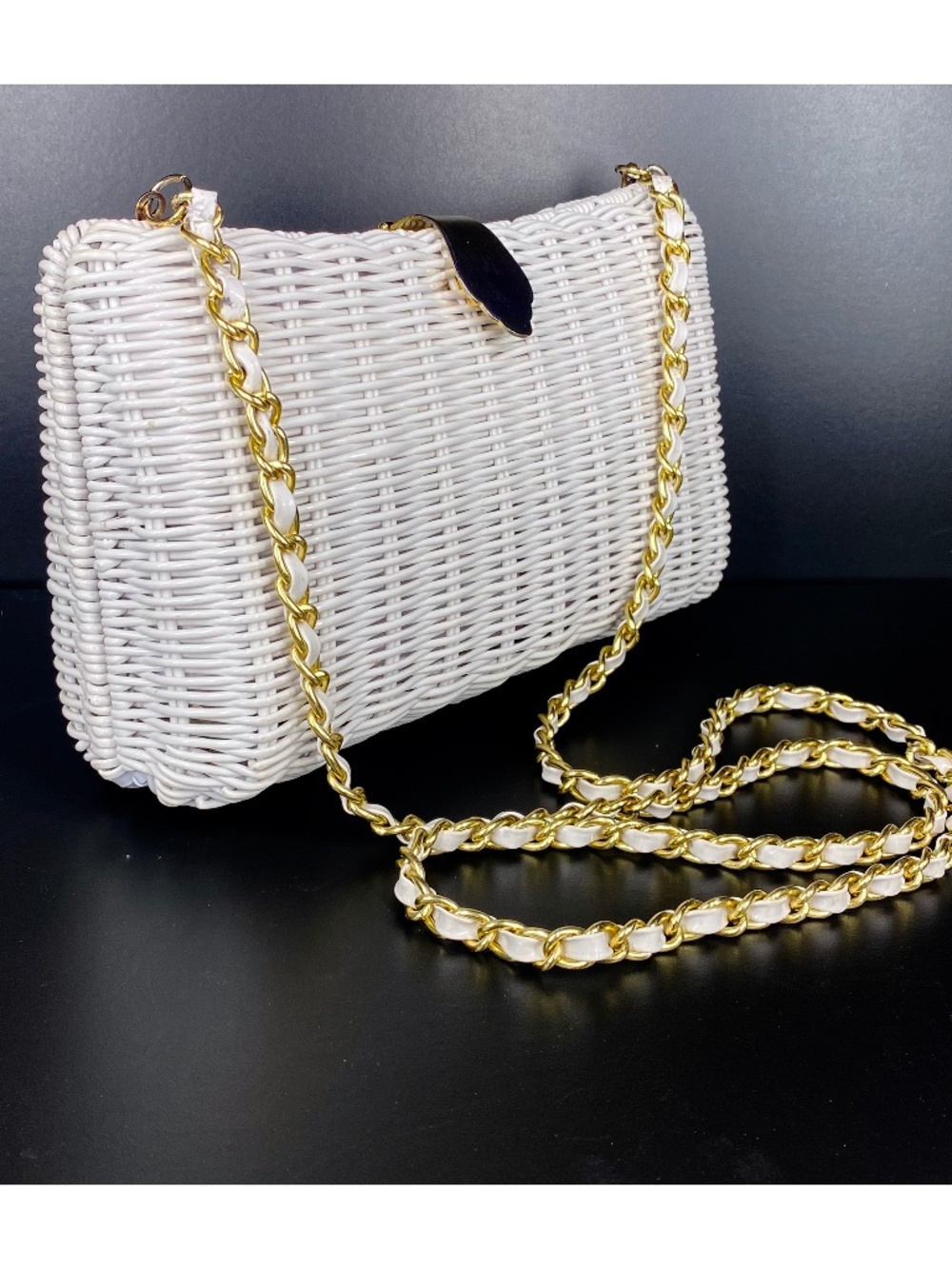 Vintage 60s 70s White Wicker Handbag with Gold-Tone Chain Strap by Emp Orr